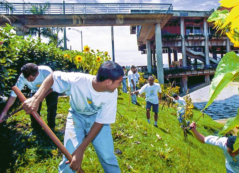 Internos de Bellavista trabajando en una actividad del Instituto Mi Río para darle mantenimiento al río Medellín en 2000. Foto: Archivo El Colombiano