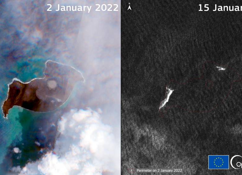 En la fotografía satelital se evidencia el cambio después de la erupción del volcán submarino FOTO: Copernicus.