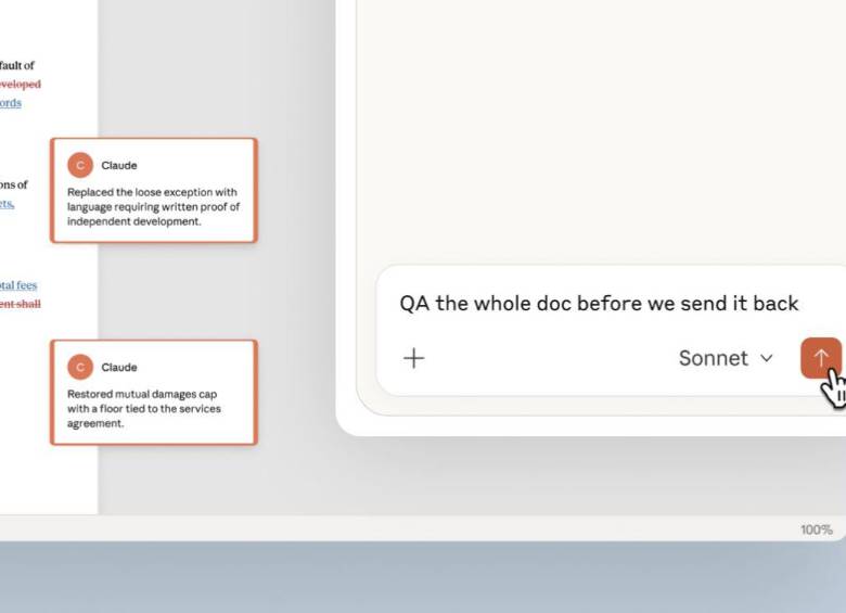 Los usuarios pueden hacerle preguntas a Claude sobre secciones específicas del documento, pedirle que edite un fragmento seleccionado o que complete una plantilla. FOTO Anthropic