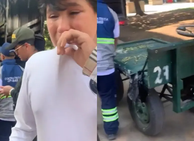 El joven llorando y sollozando intenta explicar en pocas palabras que solo estaba trabajando y que por favor no se lleven la carreta las autoridades. FOTO: Cortesía redes sociales