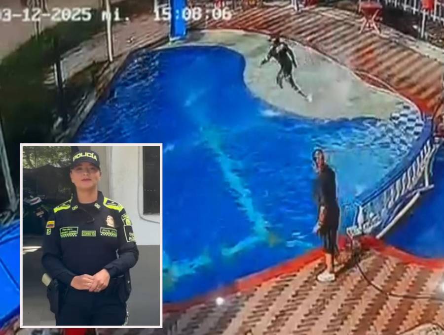 Adelante, la patrullera Stefanny Zapata de la Policía de infancia y Adolescencia. Atrás el momento en el que se lanza a las aguas. FOTO: Cortesía e imagen tomada de redes.