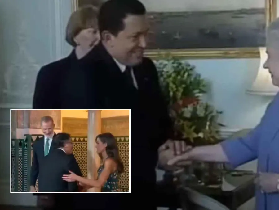 Lo sucedido con Petro fue comparado con un suceso en donde Chávez quiso romper el protocolo para abrazar a la reina Isabel II. Fotos: Capturas de videos 