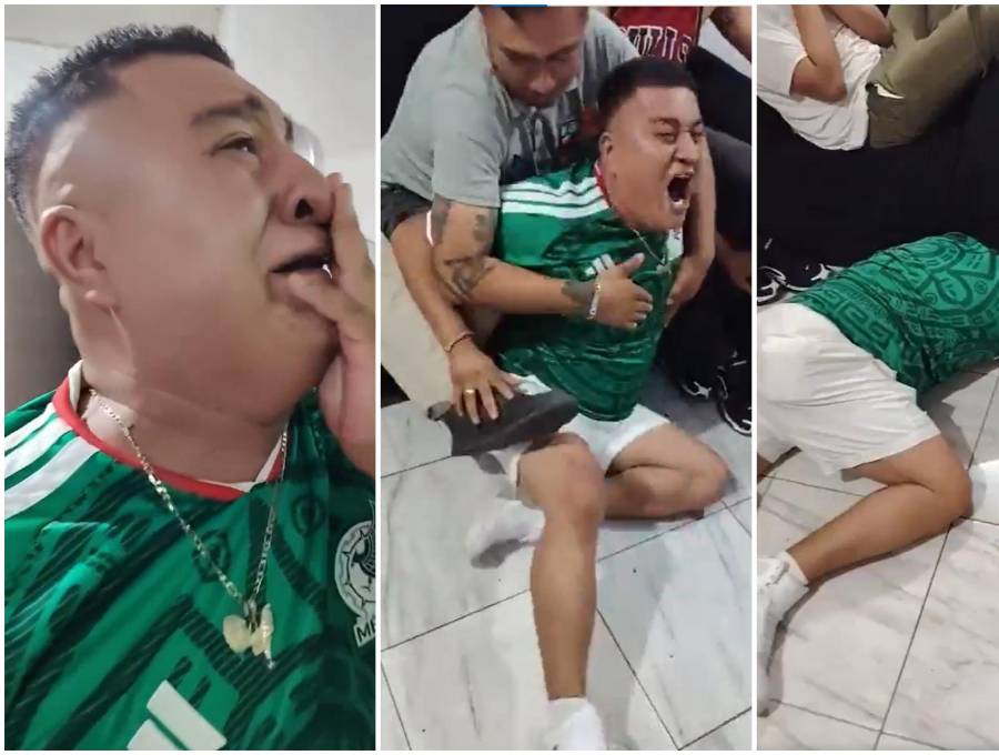 Una pantalla gigante encendida, tres hombres en un sillón negro y un hincha con la camiseta verde de México, que camina como un “león enjaulado” frente al televisor ante la eliminación del equipo del Mundial 2026. FOTO: Captura de video de redes sociales