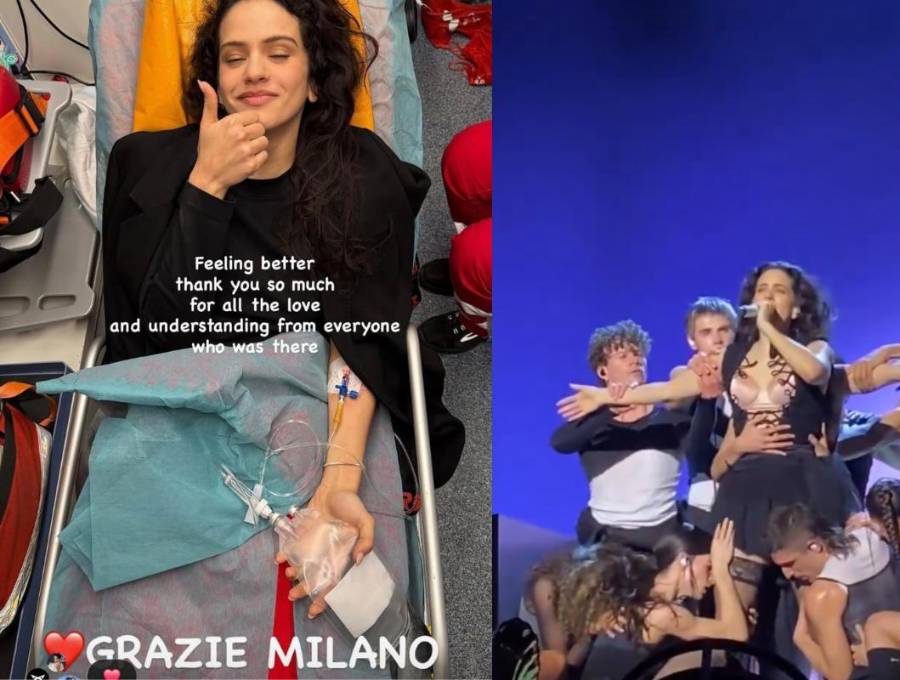 Rosalía publicó una imagen desde una cama hospitalaria horas después de abandonar el escenario en Milán por una intoxicación alimentaria. FOTOS: Tomadas de redes sociales 