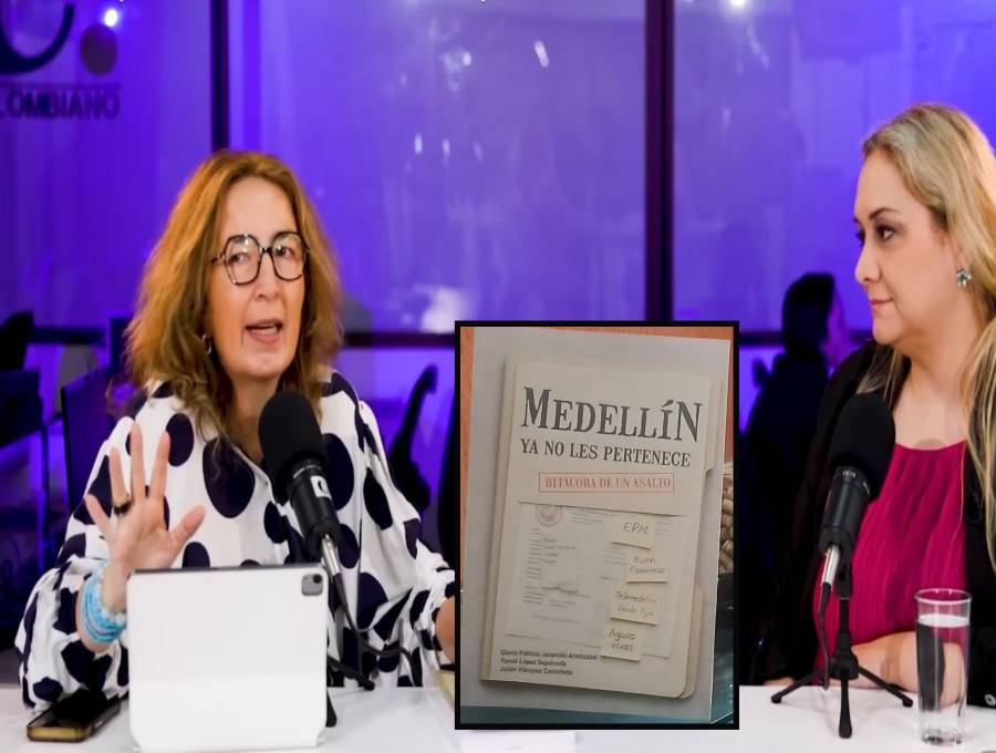 La abogada Gloria Jaramillo Aristizabal (derecha) en entrevista sobre el lanzamiento de su libro Medellín ya no les pertenece. FOTO: EL COLOMBIANO e imagen tomada de redes.