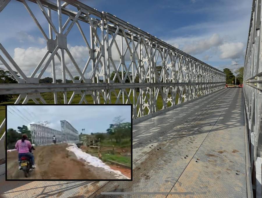 Adelante, usuarios cruzando el puente. Atrás, aspectos de la estructura de 49 metros. FOTO: Cortesía e imagen tomada de redes