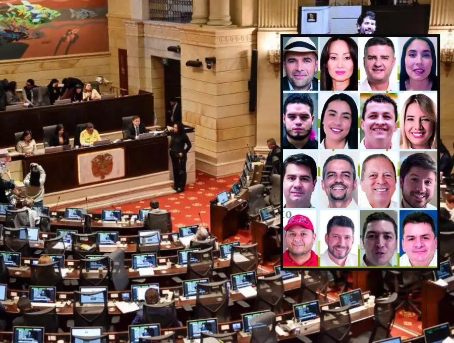 Adelante, algunos de los 17 representantes a la Cámara por Antioquia. Atrás, recinto de la Cámara de Representantes. FOTO: (Colprensa - Cristian Bayona) y Cortesía