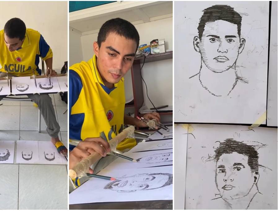 El joven cartagenero dibujó al mismo tiempo los rostros de los doce integrantes del combinado nacional tras la caída por penales ante Suiza. FOTO: Captura de video de redes sociales @javy_arts