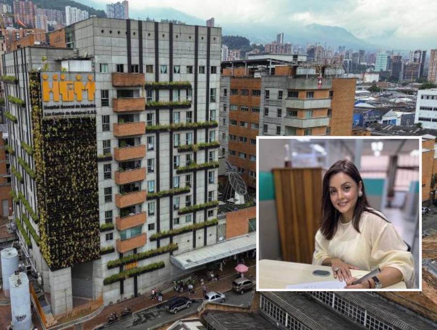 Adelante, la saliente gerente María del Pilar Duque. Atrás, fachada del Hospital General de Medellín. Foto: Manuel Saldarriaga Quintero.