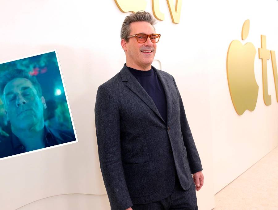 Jon Hamm en el lanzamiento de la segunda temporada de<i> Amigos y vecinos</i> en Los Ángeles. Al lado, la famosa imagen de su meme viral. FOTOS: Cortesía 