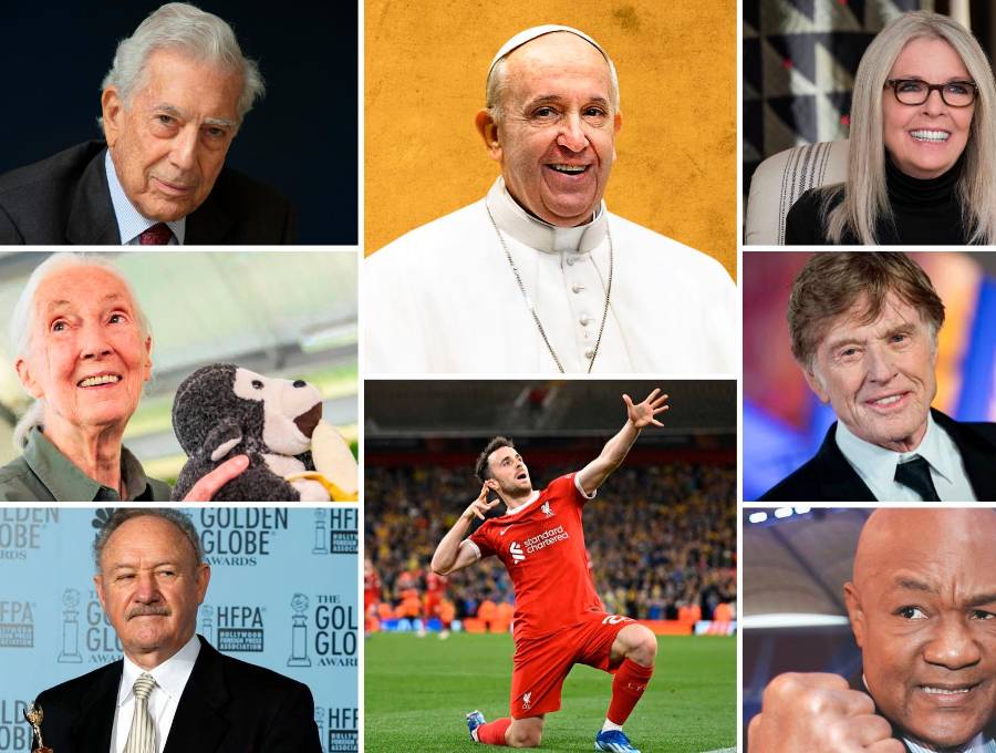 Mario Vargas Llosa, el Papa Francisco, Diane Keaton, Jane Goodall, Diogo Jota, Robert Redford, Gene Hackman y George Foreman, son algunas de las celebridades que fallecieron este 2025. FOTOS Getty, EL COLOMBIANO y Colprensa.