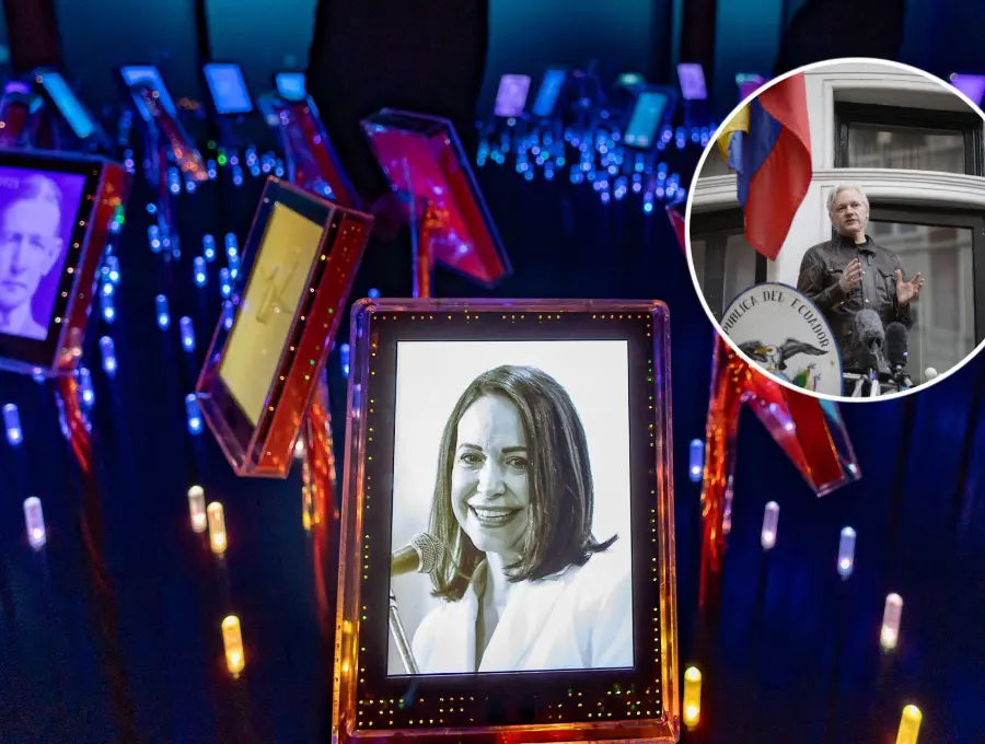 Julian Assange demandó el Nobel entregado a María Corina Machado, sin embargo, esta fue desestimada por la justicia de Suecia. Fotos: AFP y Getty Images