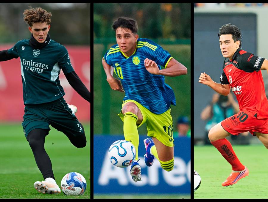 Max Dowman (izquierda), Samuel Martínez (centro) y Gilberto Mora (derecha) son 3 de los volantes creativos más prometedores del fútbol mundial. FOTO <b>GETTY </b>