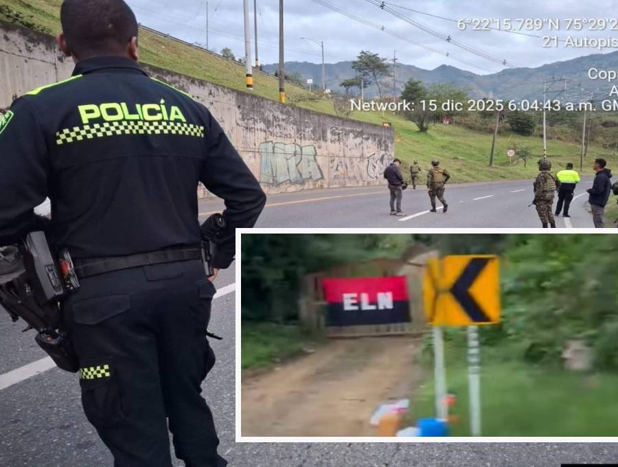 Adelante, la bandera dejada cerca del Alto de Minas. Atrás, autoridades revisan la bandera dejada por el ELN en la doble calzada Bello-Hatillo. FOTO: imágenes tomadas de redes sociales.