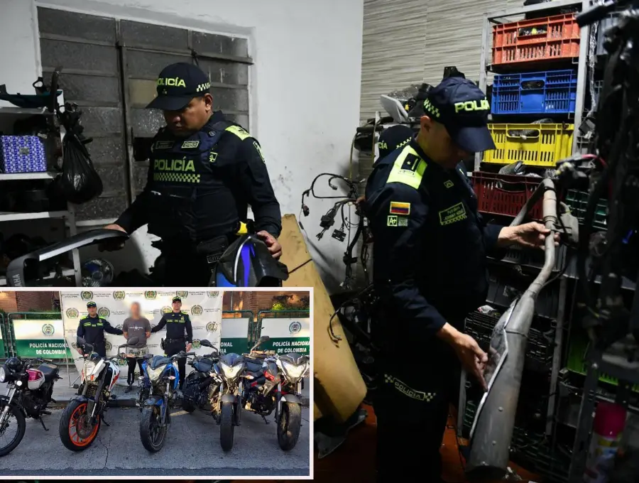 Adelante, las motos recuperadas y el capturado. Atrás uno de los despiezaderos encontrados. FOTO: Cortesía