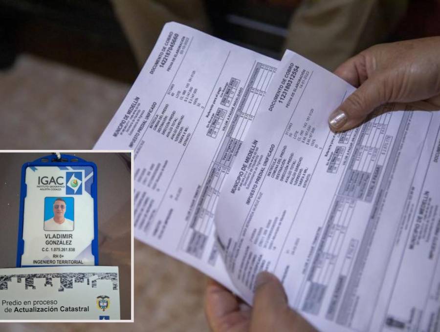 Adelante, el carnet con el que se estaría presentando el presunto estafador. Atrás, imagen de un registro catastral de referencia. FOTO: Cortesía Secretaría de Gestión Territorial y EL COLOMBIANO