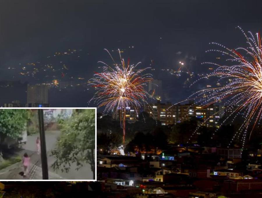 Adelante, las vecinas confrontando a los residentes que tiraban pólvora. Atrás, imagen de referencia del uso de pólvora en la ciudad. Foto: Juan Antonio Sánchez Ocampo y Cortesía Denuncias Antioquia.