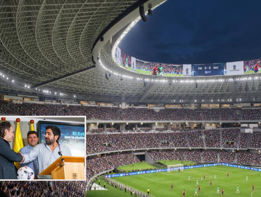 Adelante, el alcalde de Medellín junto al gerente del Inder y el vocero de LaLiga española. Atrás, como se vería el estadio en 2028. FOTO: Cortesía.
