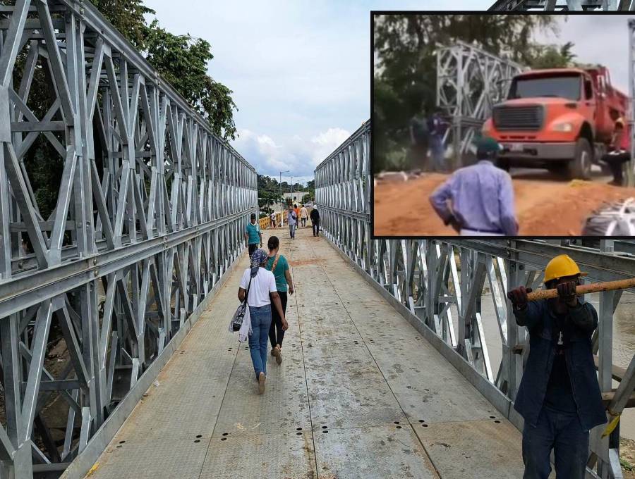 Adelante, un vehículo pesado pasando sobre el puente militar. Atrás, la estructura instalada sobre el río. FOTO: imágenes tomada de redes.