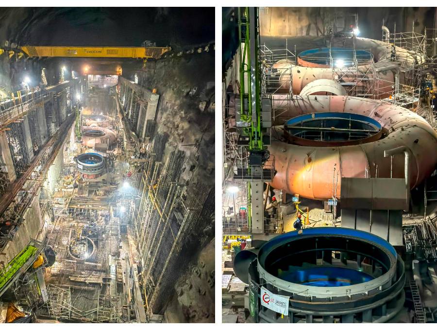 Los anillos estacionarios de las cámaras de espirales de las nuevas unidades de generación de Hidroituango ya fueron instalados. Lucen desde lo alto como caracoles gigantes. FOTO Cortesía de EPM