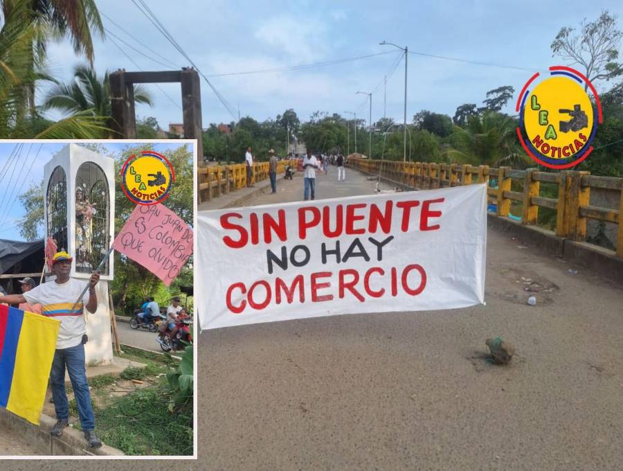 Manifestaciones sobre el puente del río San Juan en Urabá. FOTO: imagen tomada del portal Lea Noticias