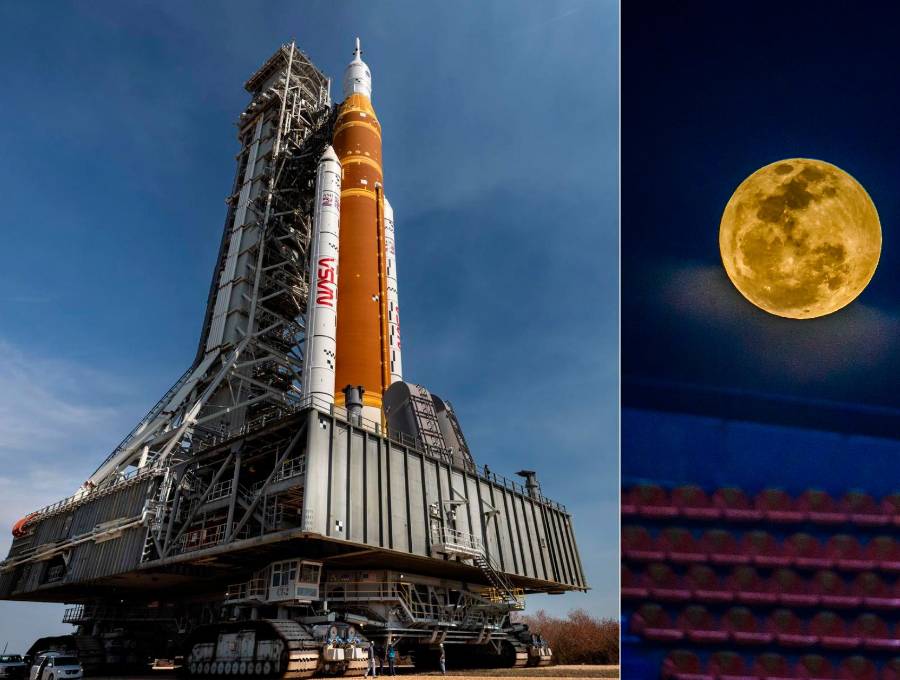 A la izquierda vemos el llamado transportador de orugas 2 de la Nasa, que transporta el cohete Artemis II SLS (Sistema de Lanzamiento Espacial) con la nave espacial Orión fijada al lanzador móvil 1. La idea es que Artemis II le dé una vuelta a la Luna este año. FOTO Cortesía Nasa/Cory S Huston y Camilo Echevery.