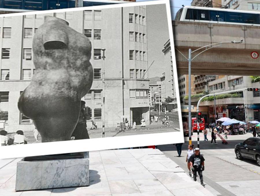 Una imagen que compara la instalación del Torso desnudo de Mujer en 1986 con el presente del sector de Parque Berrío donde está instalada. FOTO: Manuel Saldarriaga e imagen de Archivo.