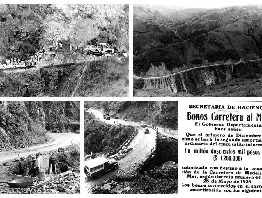 Imágenes de la carretera al Mar en los años 80. La imagen de la esquina inferior izquierda corresponde a una campaña de 1927. FOTOS <b><span class="mln_uppercase_mln">Archivo CIP El Colombiano</span></b>