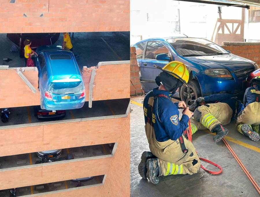 Bomberos de Rionegro utilizaron sistemas de cuerdas y anclajes para evitar la caída de un vehículo que quedó suspendido tras un accidente en un parqueadero residencial.