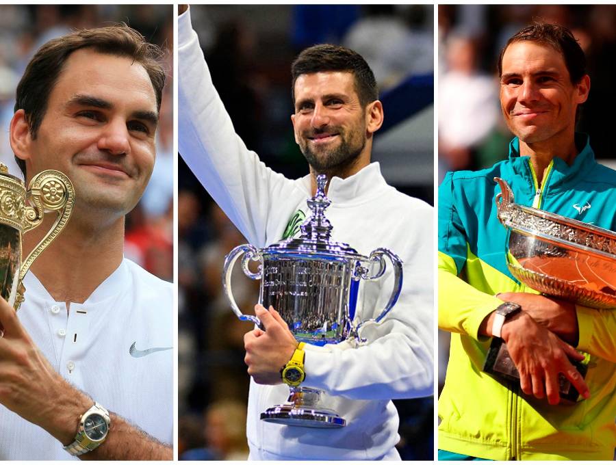 Roger Federer (izquierda), Novak Djokovic (centro) y Rafael Nadal (derecha), los 3 integrantes del Big-3. FOTOS: <b>X Wimbledon, USOpen y RolandGarros</b>