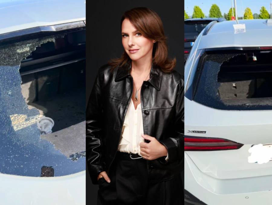 Así quedó el auto donde viajaba Paola Turbay con su familia tras el robo en Europa. Fotos: Colprensa y captura de video Instagram @paolaturbay