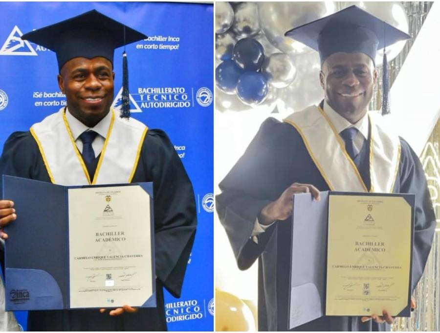 Luego de graduarse del colegio, el exjugador de fútbol de 41 años, aseguró que seguirá estudiando en la universidad. FOTO: Tomada de redes sociales @carmelo_valencia9 y cortesía <i>Zona Cero</i>