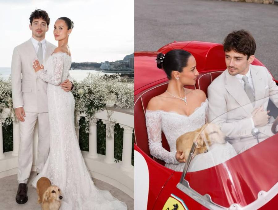 Charles Leclerc y Alexandra Saint Mleux posan tras su boda en Mónaco, donde recorrieron las calles del Principado en un Ferrari clásico con el Mediterráneo como telón de fondo. FOTO: tomadas de Instagram Alexandra Saint Mleux Lecrerc, /@germanlarkin @gregfinck @side.quest.