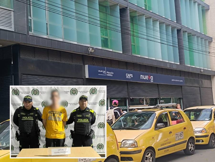 Adelante, el agresor detenido. Atrás, en este punto del barrio Guayabal se dio el ataque contra el médico. FOTO: Cortesía