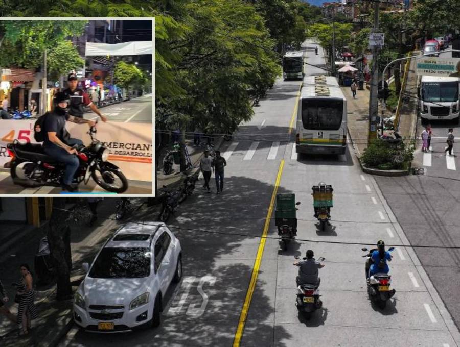 Adelante, peatonalización de la carrera 45 en Manrique. Atrás, invasión del carril del Metroplús por parte de conductores. Foto: Manuel Saldarriaga Quintero e imagen tomada de redes.