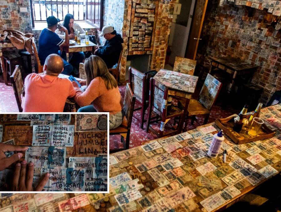 Adelante, uno de los billetes dejados por los comensales. Atrás, estampa del negocio. FOTOS: Julio Herrera.