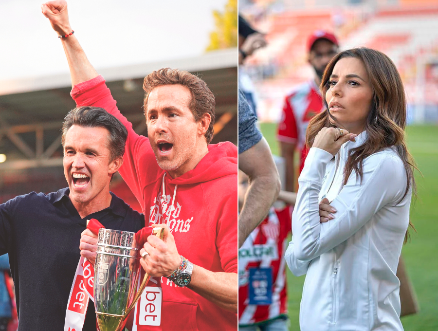 Rob McElhenney y Ryan Reynolds son los dueños del Wrexham y Eva Longora invirtió en el Necaxa de México. FOTO getty