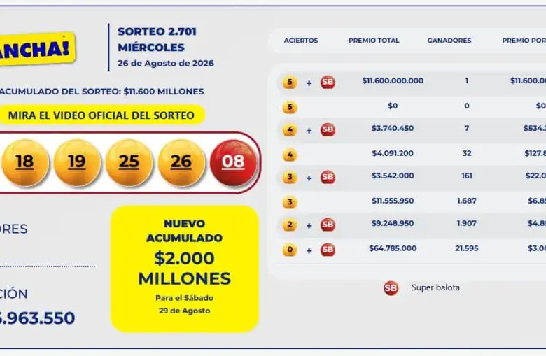 Los números 02, 18, 19, 25 y 26, junto con la Súper Balota 08, hicieron millonario a un jugador de Revancha en Caldas. FOTO: Baloto Colombia. 