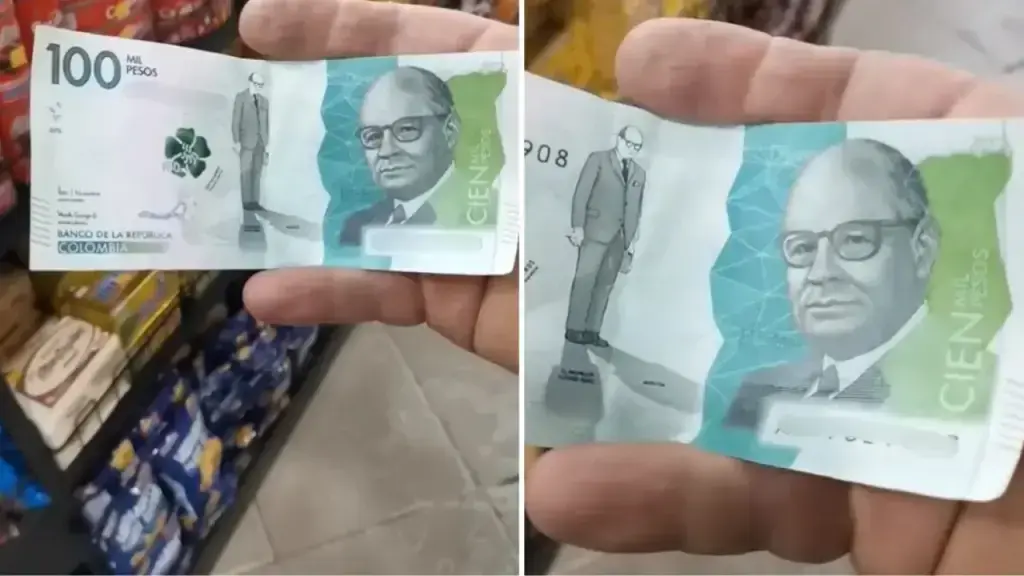Estos son algunos ejemplares de billetes falsos de $100 mil que están circulando en Colombia. FOTO: Tomada de TikTok: @jaime.arguello