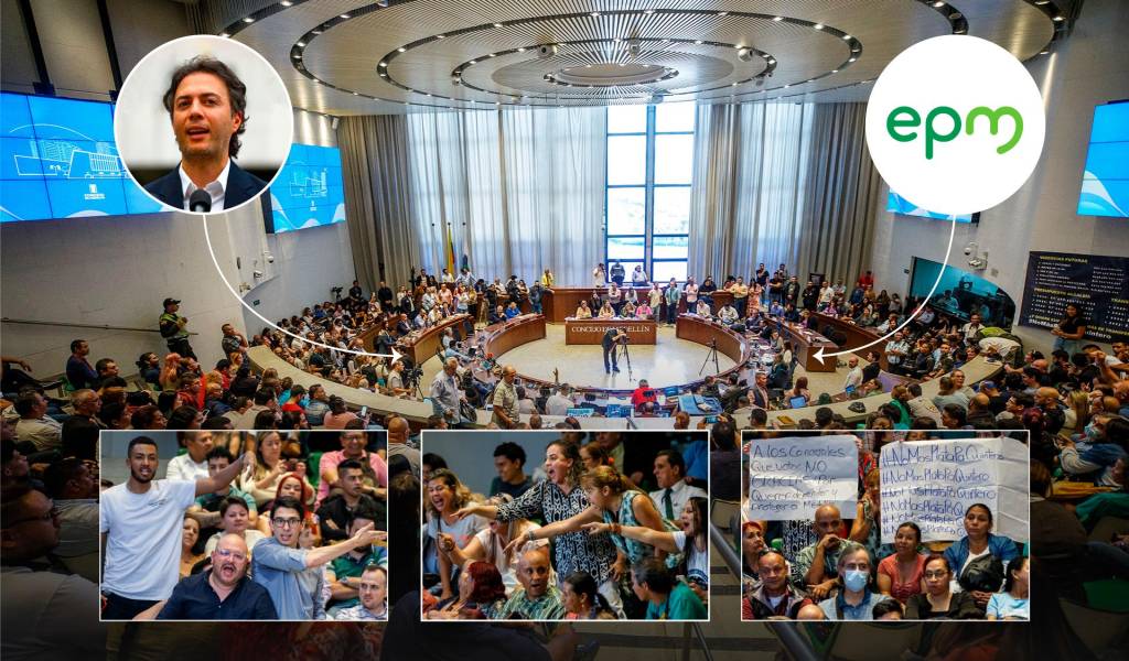 Las gradas se llenaron para la fallida reanudación del debate en el Concejo de Medellín. FOTO: CAMILO SUÁREZ | COMPOSICIÓN: EL COLOMBIANO.