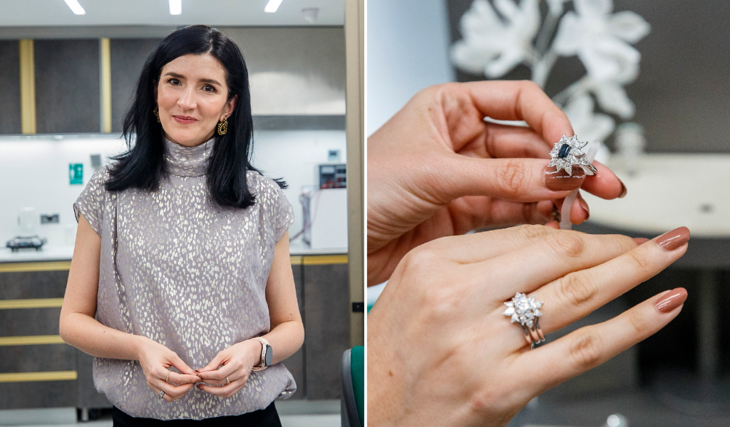 Isabel Henao en el taller de la joyería Inter. A la derecha, dos de las referencias de sus anillos. FOTOS Camilo Suárez.