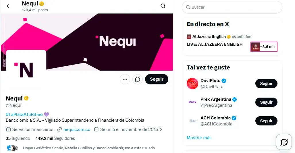 Cuenta de Nequi en la red social X luego de su recuperación. FOTO tomada de X