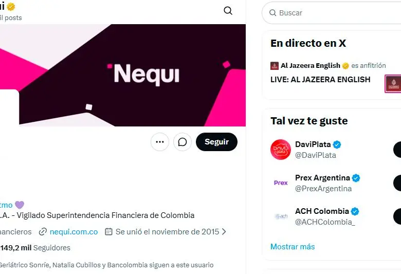 Cuenta de Nequi en la red social X luego de su recuperación. FOTO tomada de X
