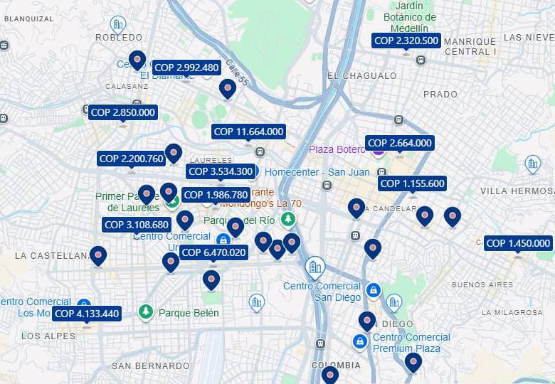 Mapa de búsqueda de alojamientos en Booking para la ciudad de Medellín. FOTO: captura de pantalla.