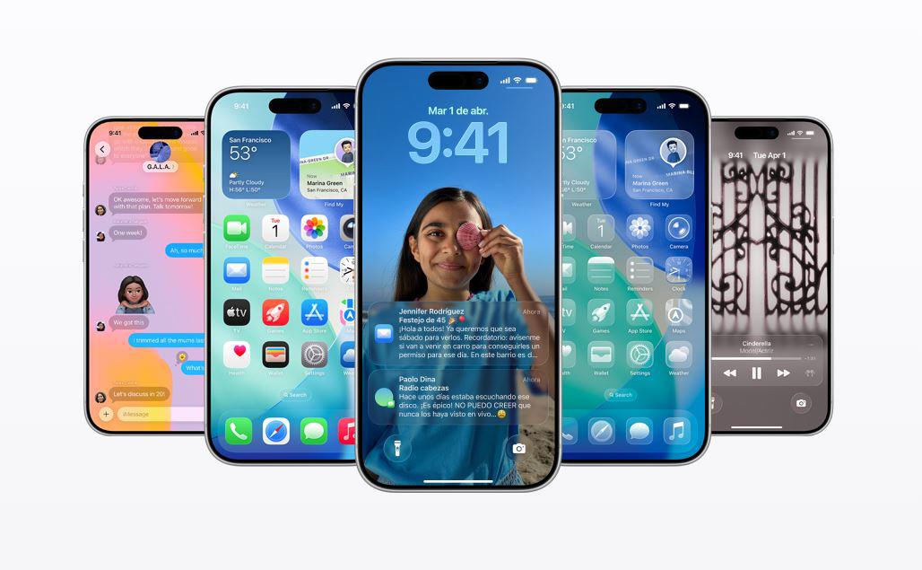 Interfaz de iOS 26 con el nuevo diseño Liquid Glass, que reproduce el efecto real del cristal en iconos y menús. FOTO cortesía