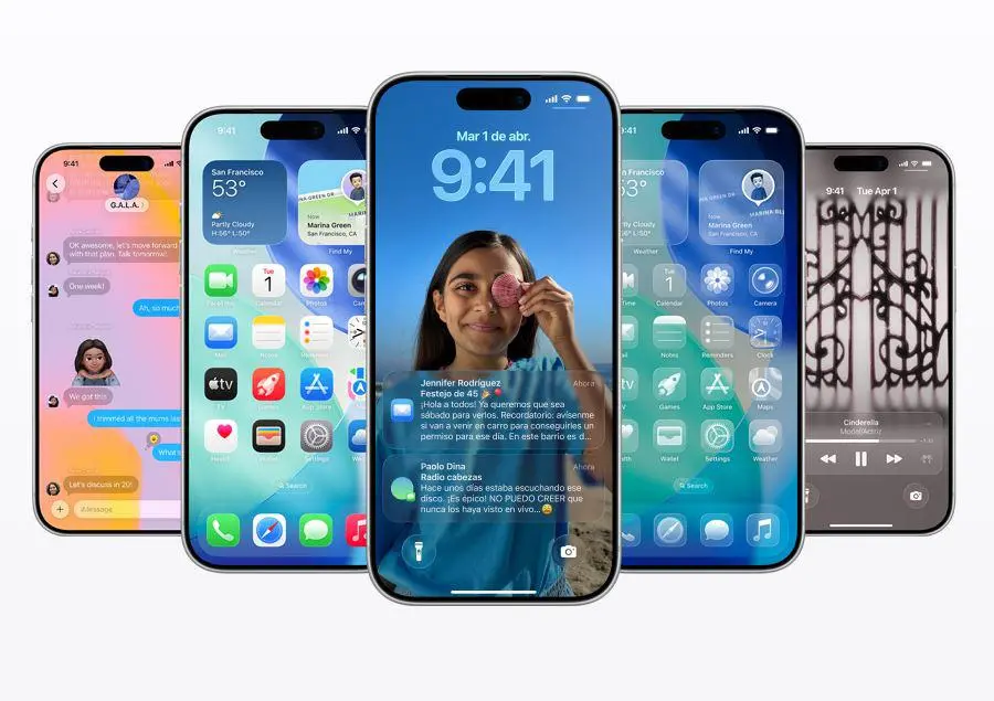 Interfaz de iOS 26 con el nuevo diseño Liquid Glass, que reproduce el efecto real del cristal en iconos y menús. FOTO cortesía