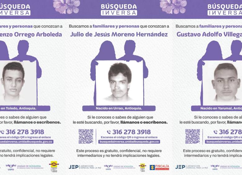 Estas son las caras de los tres hombres que fueron desaparecidos en el contexto del conflicto armado en otros departamentos de Colombia. FOTO: Cortesía Unidad de Búsqueda de Personas dadas por Desaparecidas