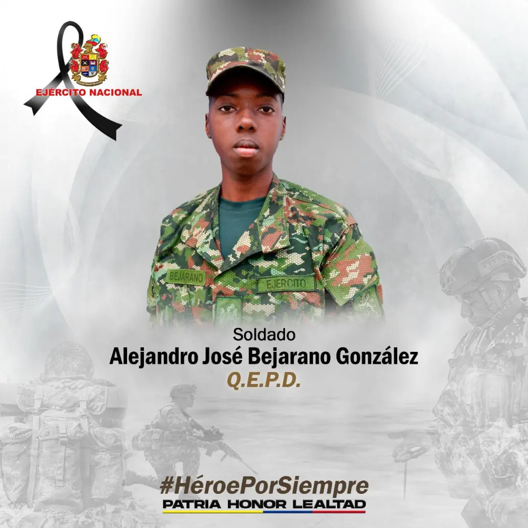 En el ataque fue asesinado el soldado Alejandro José Bejarano González, oriundo de Quibdó, Chocó. FOTO: CORTESÍA