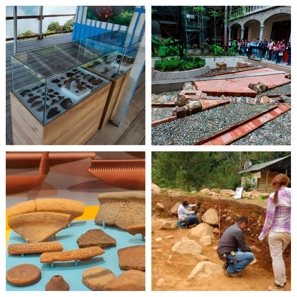 (1) Piezas rescatadas en los abrigos rocosos del escarpe en la finca cafetera en Jericó. (2) El nuevo patio arqueológico del Claustro Comfama. (3) Piezas rescatadas entre Támesis y Valparaíso que revelan detalles de la relación de los antepasados del Suroeste con la espiritualidad y la muerte. (4) Diez años de trabajos en Amalfi permitió encontrar rastros de habitantes de hace 7.000 años. FOTOS: CORTESÍA Y MANUEL SALDARRIAGA