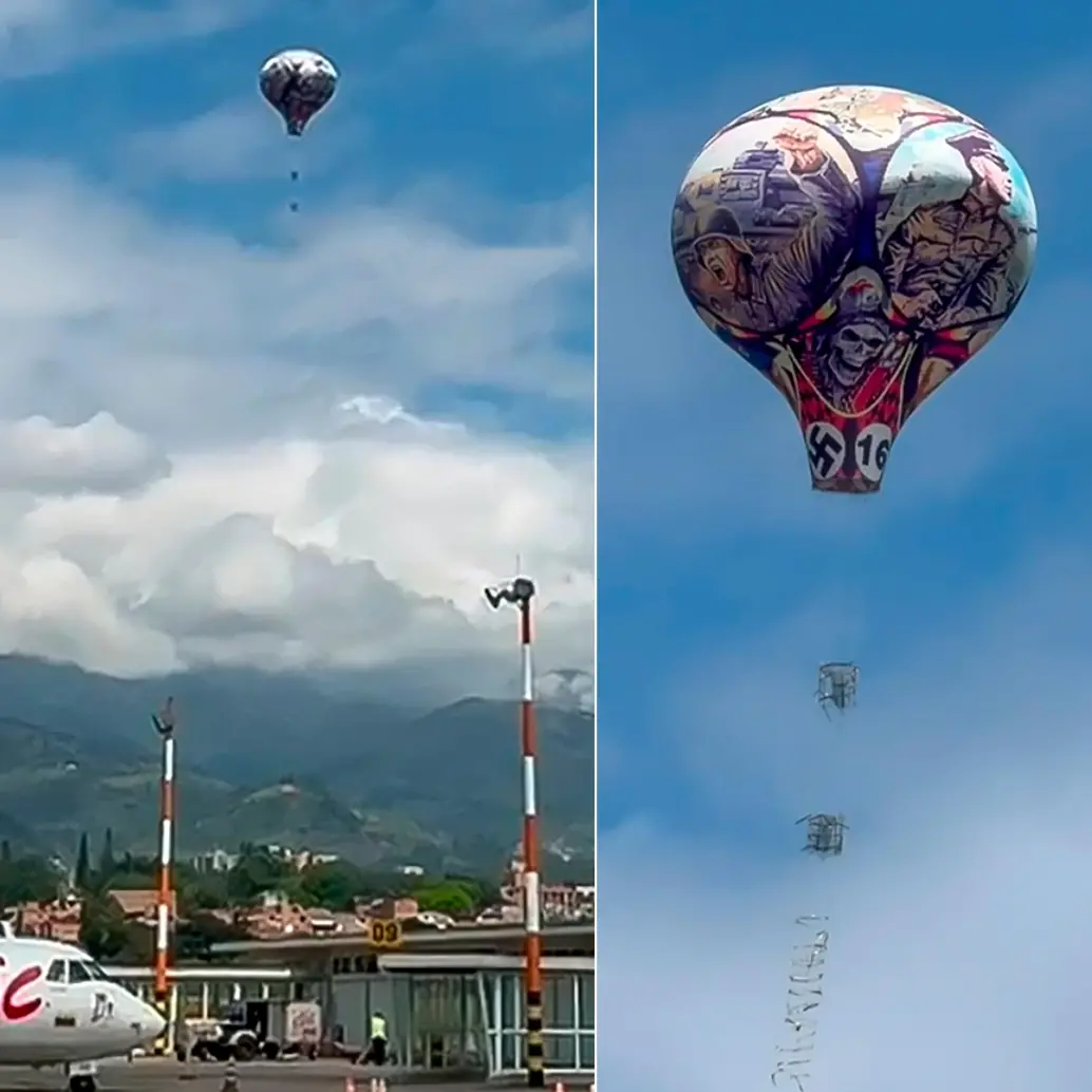 El globo apareció en el horizonte y terminó cayendo sobre el área de la pista del aeropuerto Olaya Herrera de Medellín. FOTOS: Captura de video